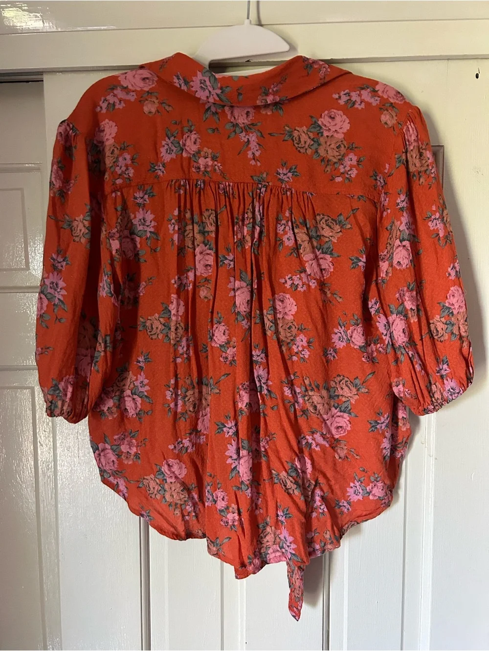 Free People Red Floral Tie-Front Button Blouse